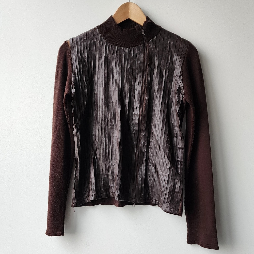 Vintage Pleather Strips Knit Zip Wool Blend Made in Italy Cardigan Jacket